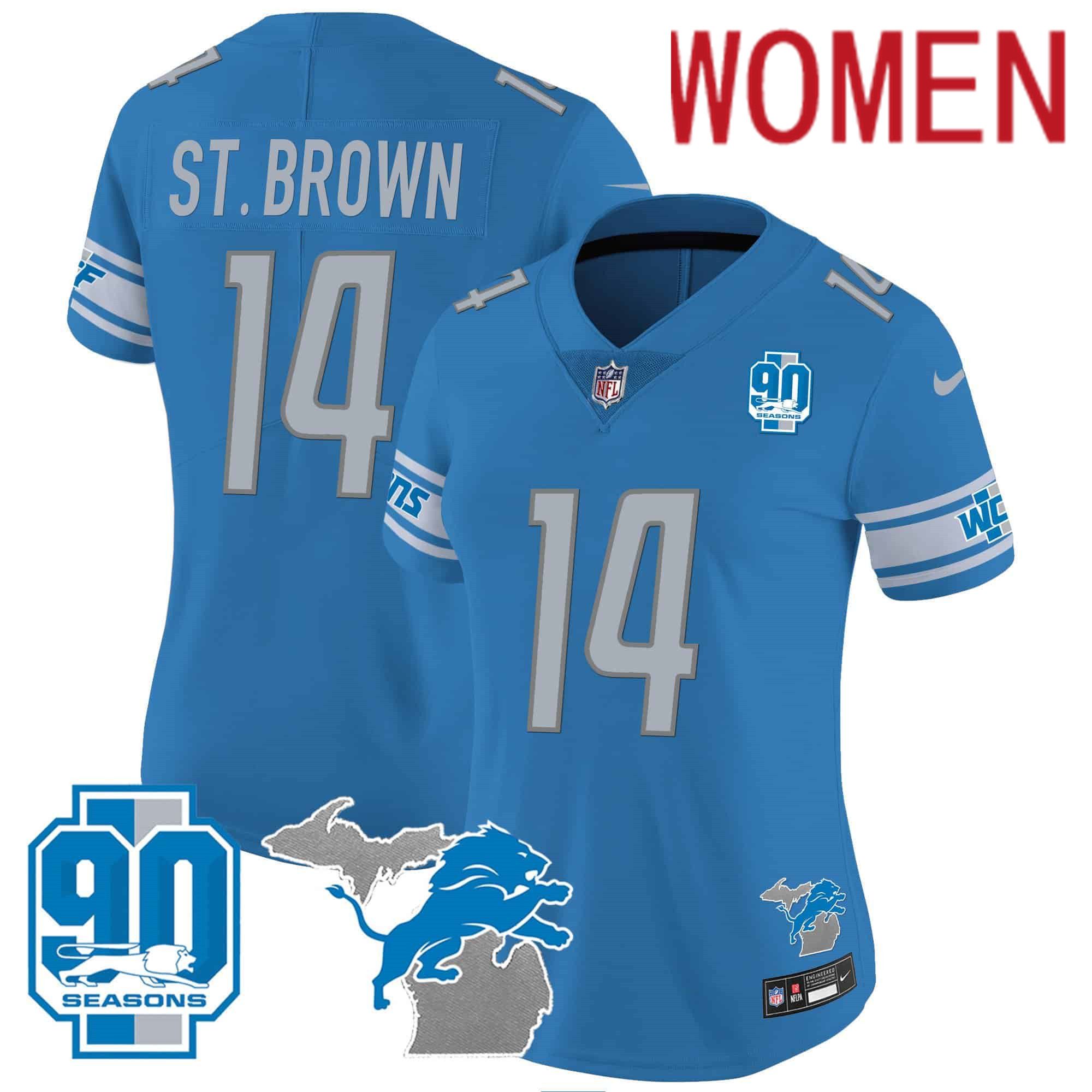 Women Detroit Lions #14 ST Brown Blue 2024 Nike 90th Year Michigan Patch Vapor NFL Jersey style 1
